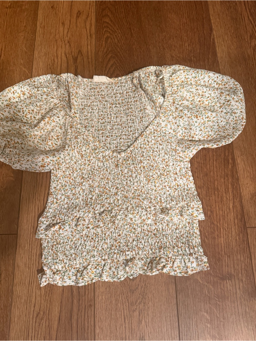 Altar'd State White Puff Sleeve Smocked Floral Top